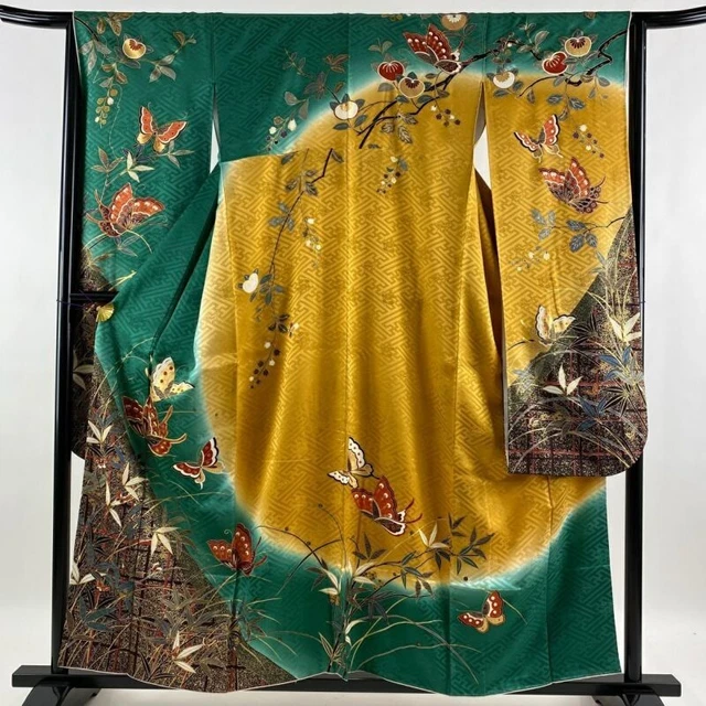 Woman Japanese Kimono Furisode Silk Butterfly Leaf Gold Thread Foil Green