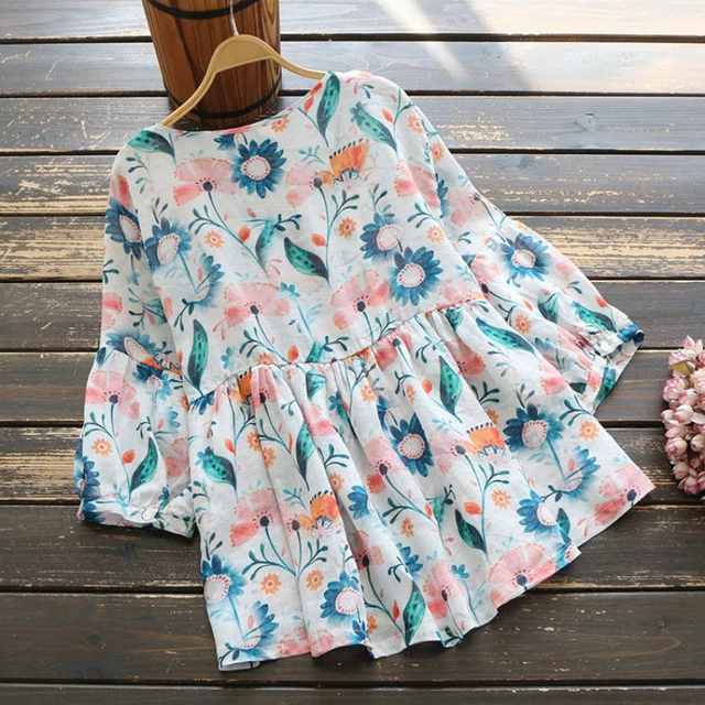 Donna Stile Etnico Camicia a Manica Corta con Bottoni Fresco Floreale Larga Top