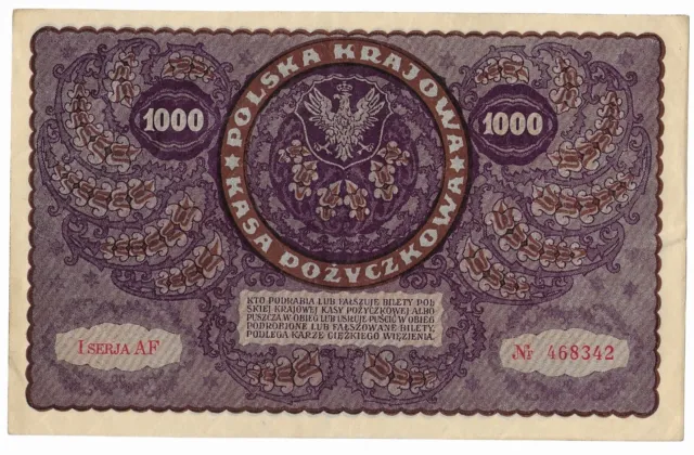 Poland 1000 (1,000) Marek, 1919 P-29 Large Size Note Banknote (Au)