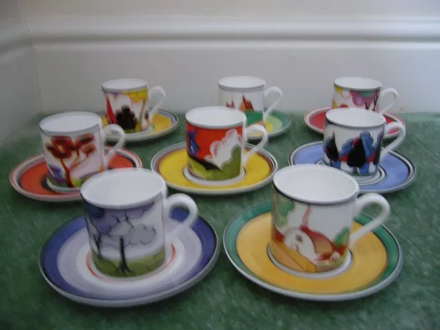 Wedgwood Clarice Cliff Cafe Chic Ltd Edition Set Of 8 Coffee Cups & Saucers C.