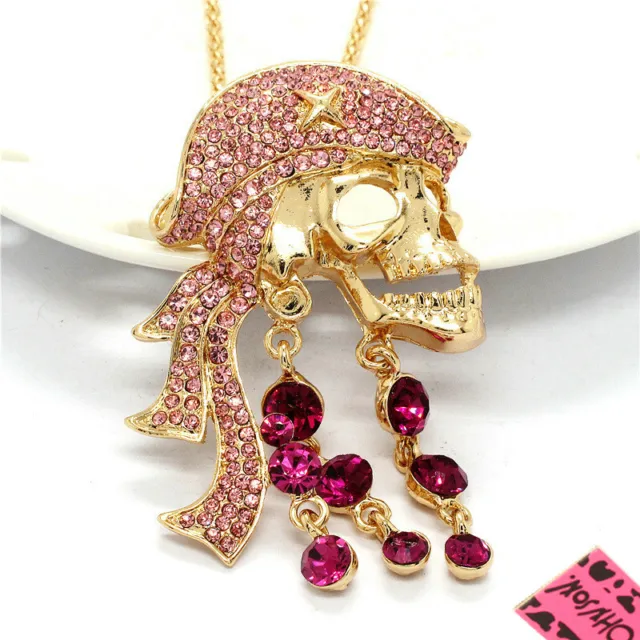New Betsey Johnson Bling Rhinestone Pink Pirate Skull Crystal Pendant Necklace