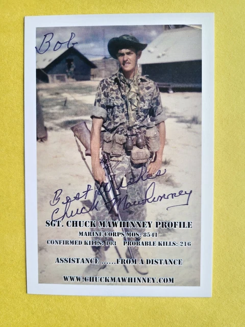 Charles Mawhinney Vietnam USMC Sniper 103 Kills Signed 4x6 photo   Bob