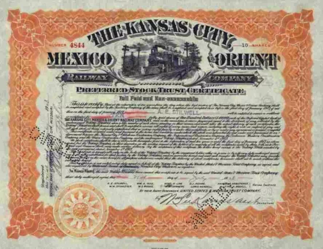 Kansas City Mexico & Orient Railroad Company 1908 Missouri Orginalunterschriften