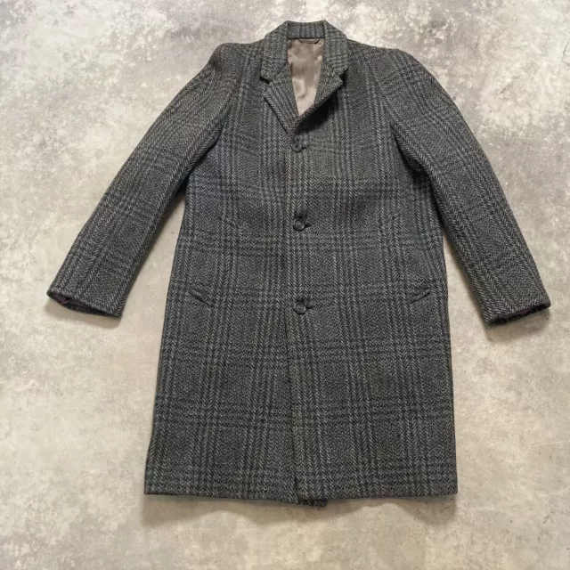 Hardy Amies Coat Mens Sz 36 Vtg Plaid Mid Length Trench Lined Gray Single Breast