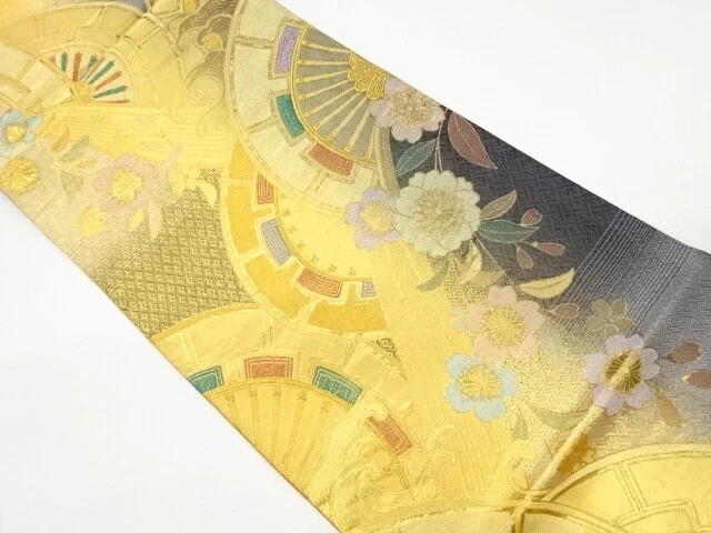 5795837: Japanese Kimono / Vintage Fukuro Obi / Gold Foil / Woven Sakura & Genji