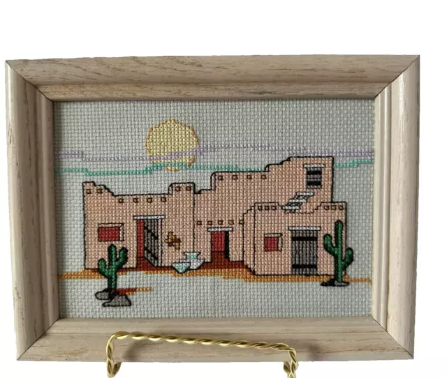VTG Southwest Desert Cross Stitch Needlepoint Framed Mini Gallery Wall Art Decor