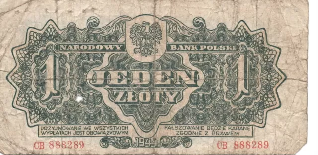 Poland 1 Zloty 1944 Well Circulated Banknote Foreign World Paper Currency