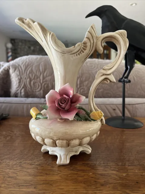 Antique Ornate CAPODIMONTE Ceramic Pitcher Vase w/ Roses ITALY (small chip)