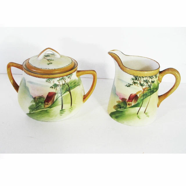 Nippon Hand Painted Creamer Sugar Bowl Set, Lovely Landscape Scene Pristine