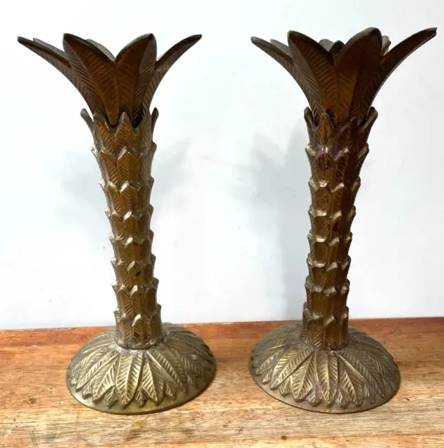 Vtg Set of 2 Candlestick Holders Solid Brass Palm Trees 9" Tall Pillar  Heavy