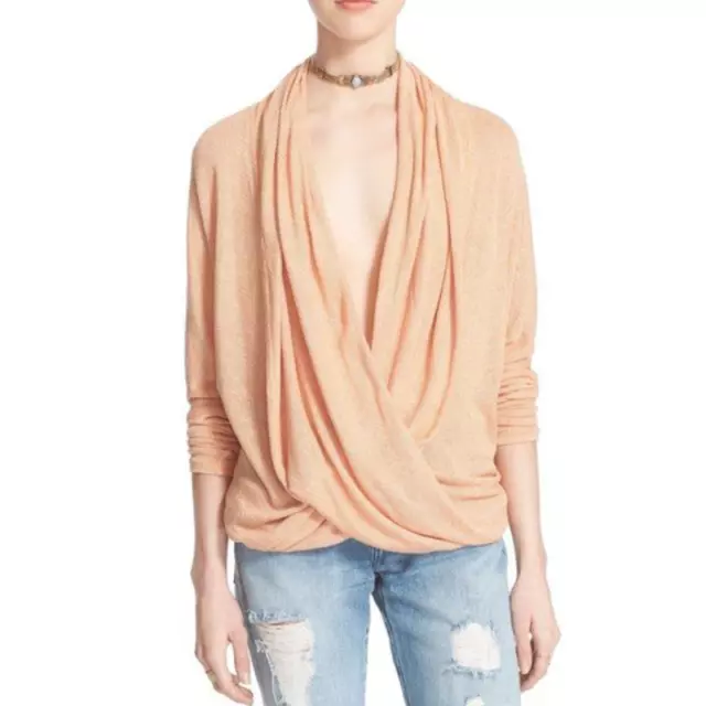 Free People Sz Small Orange Sheila Hacci Draped Faux Wrap Pullover Knit Sweater