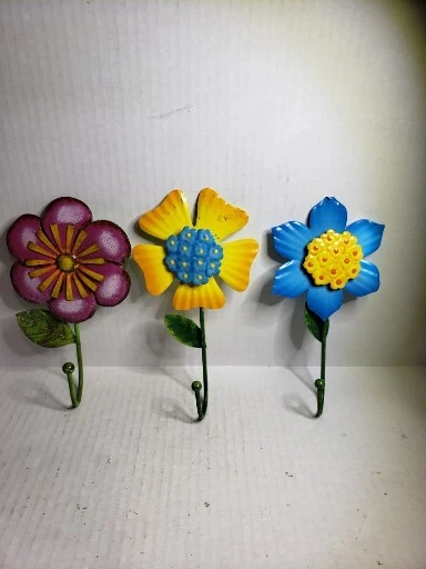 Metal Flower Hooks Wall Decor Set Of 3 Pink Yellow Blue Coat Hooks