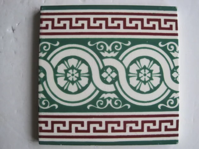 Antique Victorian Minton's Green / Red Interlocking Circular Floral Border Tile