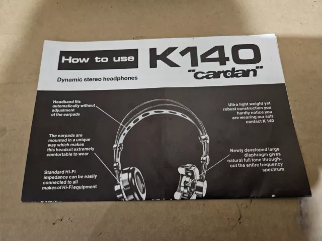 Vintage Akg K140 Cardan Dynamic Stereo Headphones Owners Manual