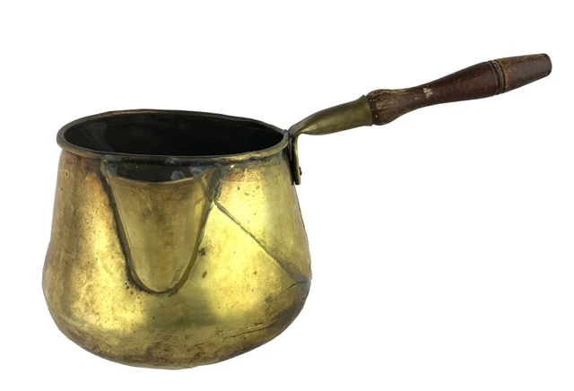 Vintage Primitive Brass Round Bottom Melting Pot Wooden Handle Copper Rivets