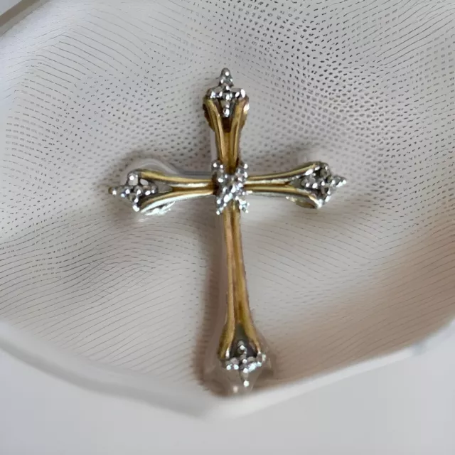 SOLID 10K YELLOW and White Gold Diamond Accent Cross Pendant 1 Inch/ 0. ...
