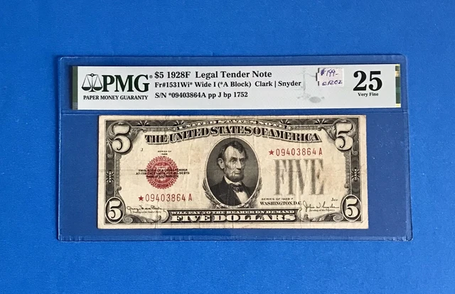 1928 F $5 FIVE DOLLAR  STAR   PMG VF 20   RED SEAL   REDUCED!!  (c1202)