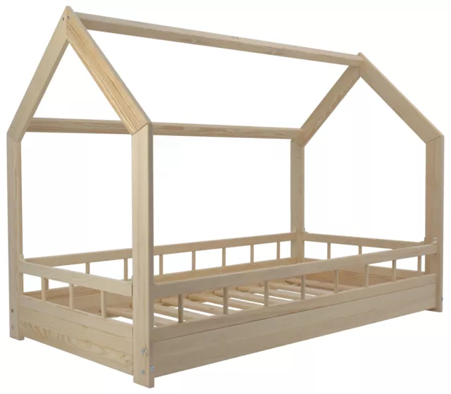 Lit maison cabane en bois naturel brut avec barreaux 160x80 cm