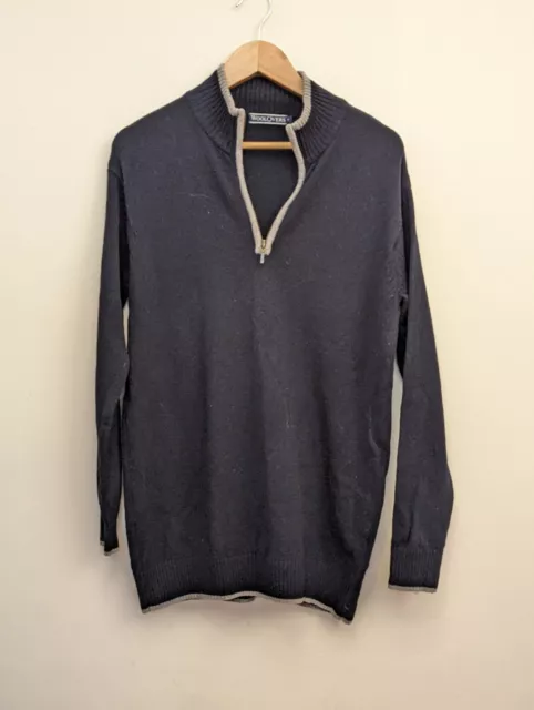 Men's Woolovers Navy And Grey Pure Wool 1/4 Zip Sweater Jumper Small