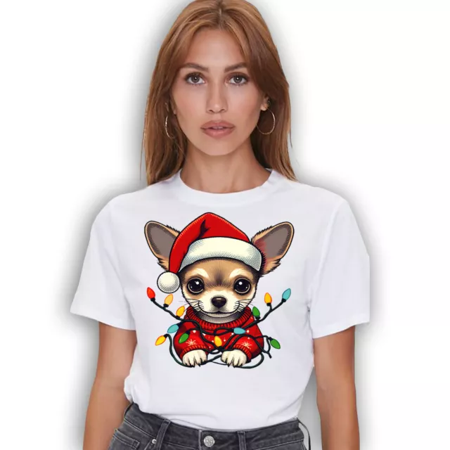 Christmas Lights Chihuahua Wearing Ugly Sweater T-shirt - Xmas Santa Hat Tee