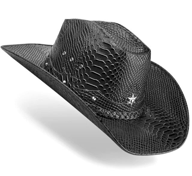 Chapeau de cowboy pour homme en cuir de vachette noir serpent artisanal...
