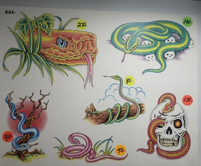 Hoja flash vintage de arte de serpientes tatuaje