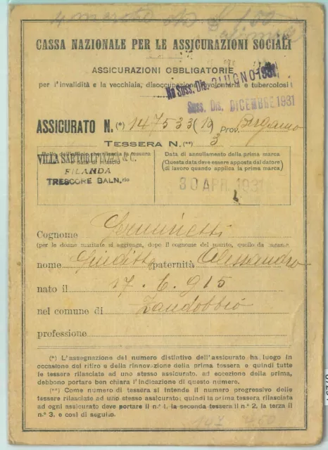 87234  -  Documento  TESSERA D'EPOCA - Istituto PREVIDENZA SOCIALE INPS 1931