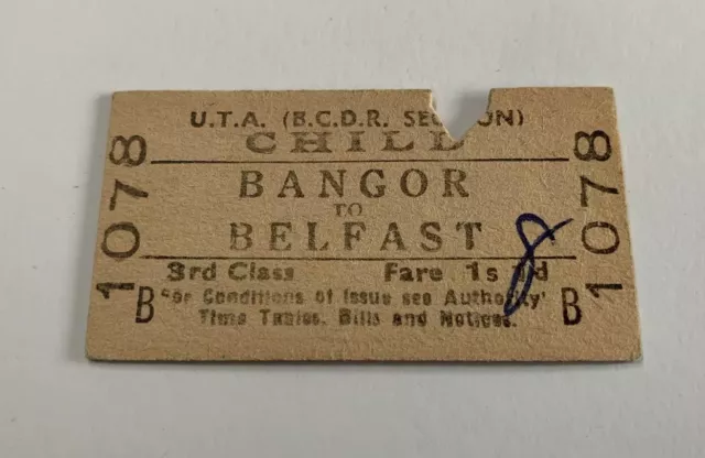 Vintage 1960s Irish UTA Railway Train Ticket - BANGOR to BELFAST 1078