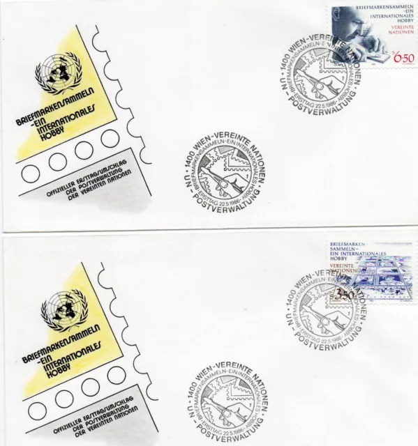 Stamps UN Vienna-1986 Philately $3.50 & 6.50 (engraved Slania) on two FDCs