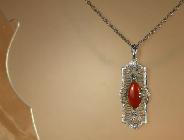 ART DECO Filigree Pendant 1930s Carnelian Glass Rhodium 19.5 Sterling Neck Chain