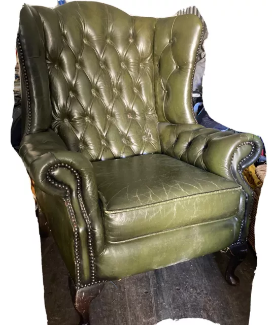 green leather queen anne chesterfield chair