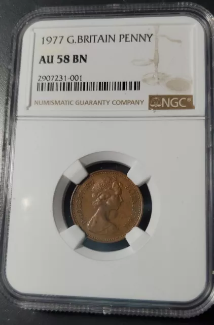 1977,G. Britain Penny. Ngc AU 58 BN