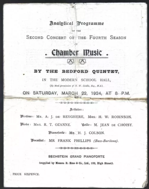 1924 Bedford Quintet Official Analytical Programme Chamber Music Concert