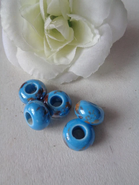5 Beadsperlen     Keramik blau gefleckt Großlochperlen