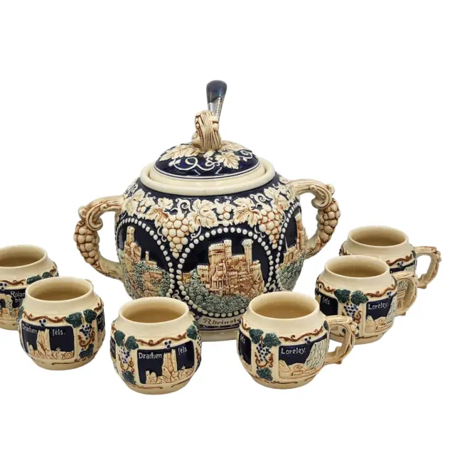 German Castle Punch Bowl Gerz 8 Pc Set Tureen Cups Mugs Set 6 Ladle Vintage