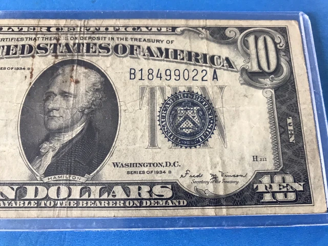 (Rare) 1934 B  Blue Seal $10 Ten Dollar Silver Certificate  .....Loc. #4m 3