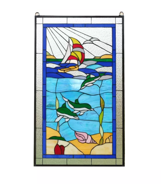 20.5" X 34.75 Dolphin Boat Seashore Beach Handcrafted Stained Glass Window Panel