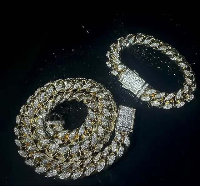 24ct Gold Plated Mens Chunky Curb link Bracelet And Chain Set Lab Diamonds 24k 2