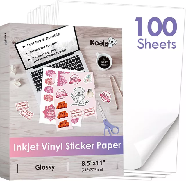 Bulk 100 Printable Vinyl Sticker Paper Glossy White Waterproof Inkjet Laser