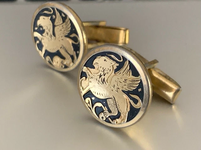 French Vintage Gold Plated CUFFLINKS - Gold Griffon on black background