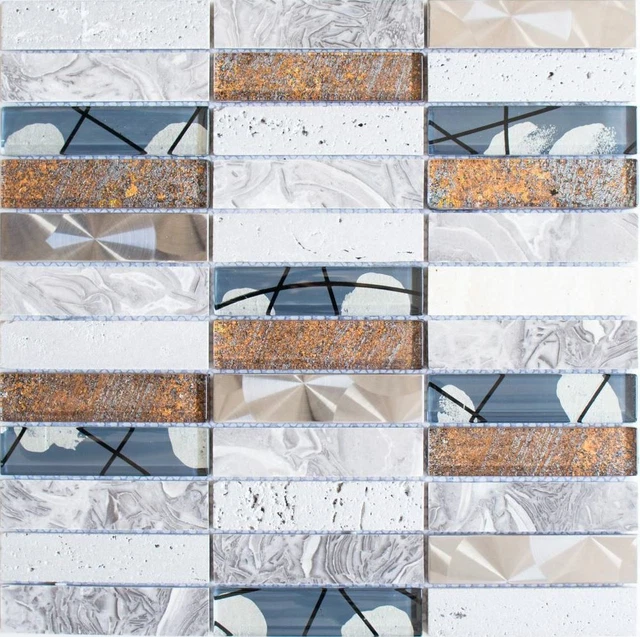 Mosaïque Pâte De Verre Pierre Naturelle Inox Gris - 30,5x32,2 Cm - Mur Et Bain