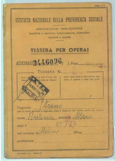 87230  -  Documento  TESSERA D'EPOCA - Istituto PREVIDENZA SOCIALE INPS 1946