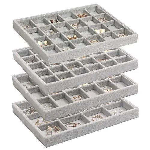 Set of 4 Stackable Velvet Jewelry Trays Organizer, Jewelry Display Storage