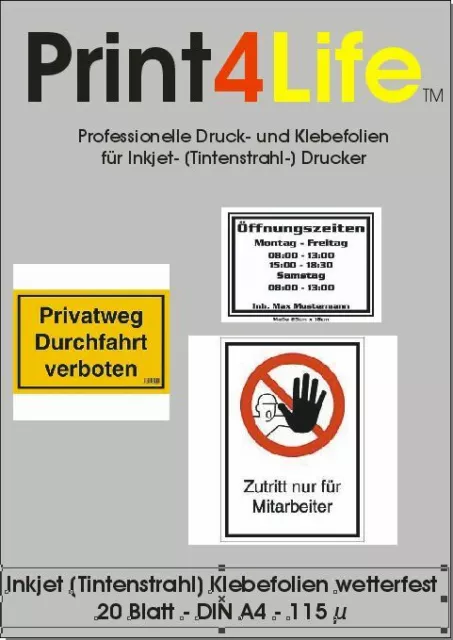 20 Blatt Klebefolien A4 klar transparent für Inkjetdrucker Tintenstrahldrucker