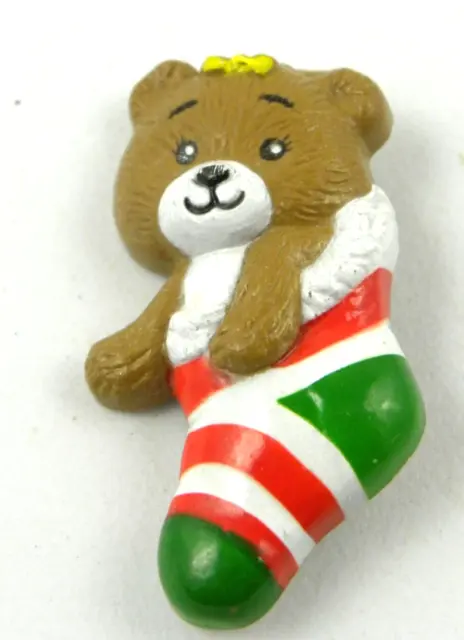 Vintage Russ Teddy Bear Brooch Pin Christmas Stocking Holiday Red Green Plastic