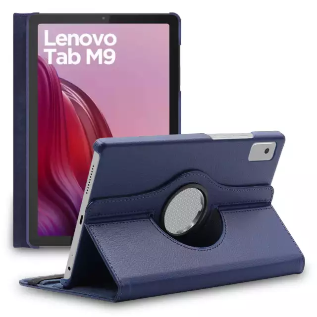 Coque pour Lenovo Tab M9 Housse Tablette Etui Rotatif 360 PU Cuir, Bleu Foncé