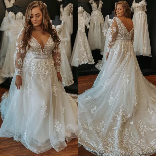 Plus Size Wedding Dresses Long Sleeve V Neck Lace Appliques A Line Bridal Gowns