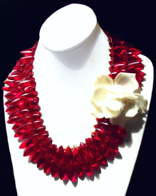 IRIS G Huge  Ruby Red Layered Multistrand Runway Necklace w/ MOP Flower - OOAK
