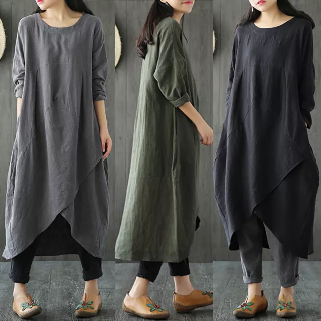 New Long Sleeve Women's Party Plus Size Maxi Dress Cotton Kaftan Long Dress