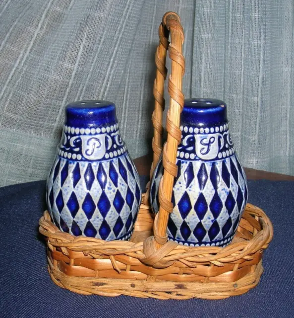 French Stoneware Salt & Pepper Shakers w/ Basket, Salt Glazed, 3.5" Blue & Gray